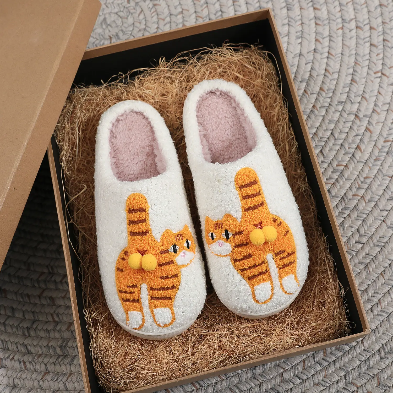 Funny Orange Cat Balls Plush Slippers for Men Women, Winter Cozy Fuzzy Warm Thick‑Fleece House Slippers