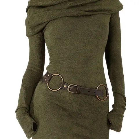 Women's Solid Jersey Fabric Slim Fit Ruched O-ring Belted Dress, Street Fashion Casual Minimalist Fashion Long Sleeve Short Dress for Daily Outdoor Wear, Casual Wear, Women Dress for Fall & Winter, Belted Bodycon Dress, Womenswear
