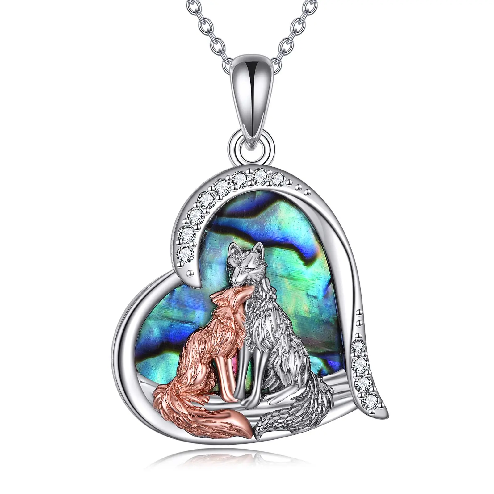 Women's 925 Sterling Silver Kitsune Fox & Wolf Love Theme Pendant Necklace, Non-Natural Crystal Abalone Jewelry, Gifts for Women, Heart Pendant