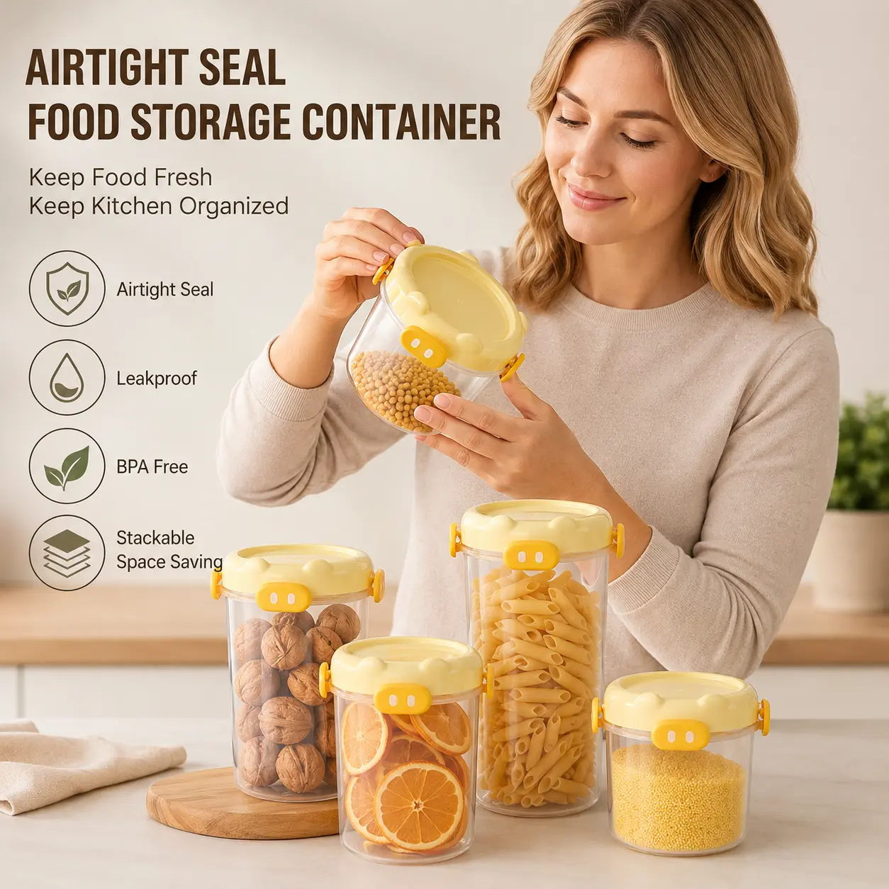 1-Pack Cylindrical Thick Silicone Airtight Stackable Storage Container with Sealed Buckle Lid for Kitchen Dry Grains, Snacks Storage