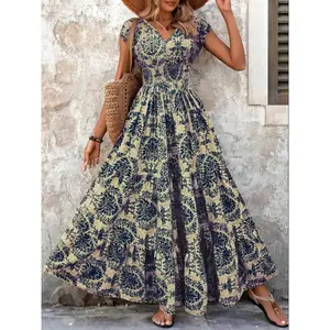 Summer New Plus Size Women's Dress, Vintage Elegant Casual Fashion, Bohemian Print V-Neck Short Sleeve Long Dress