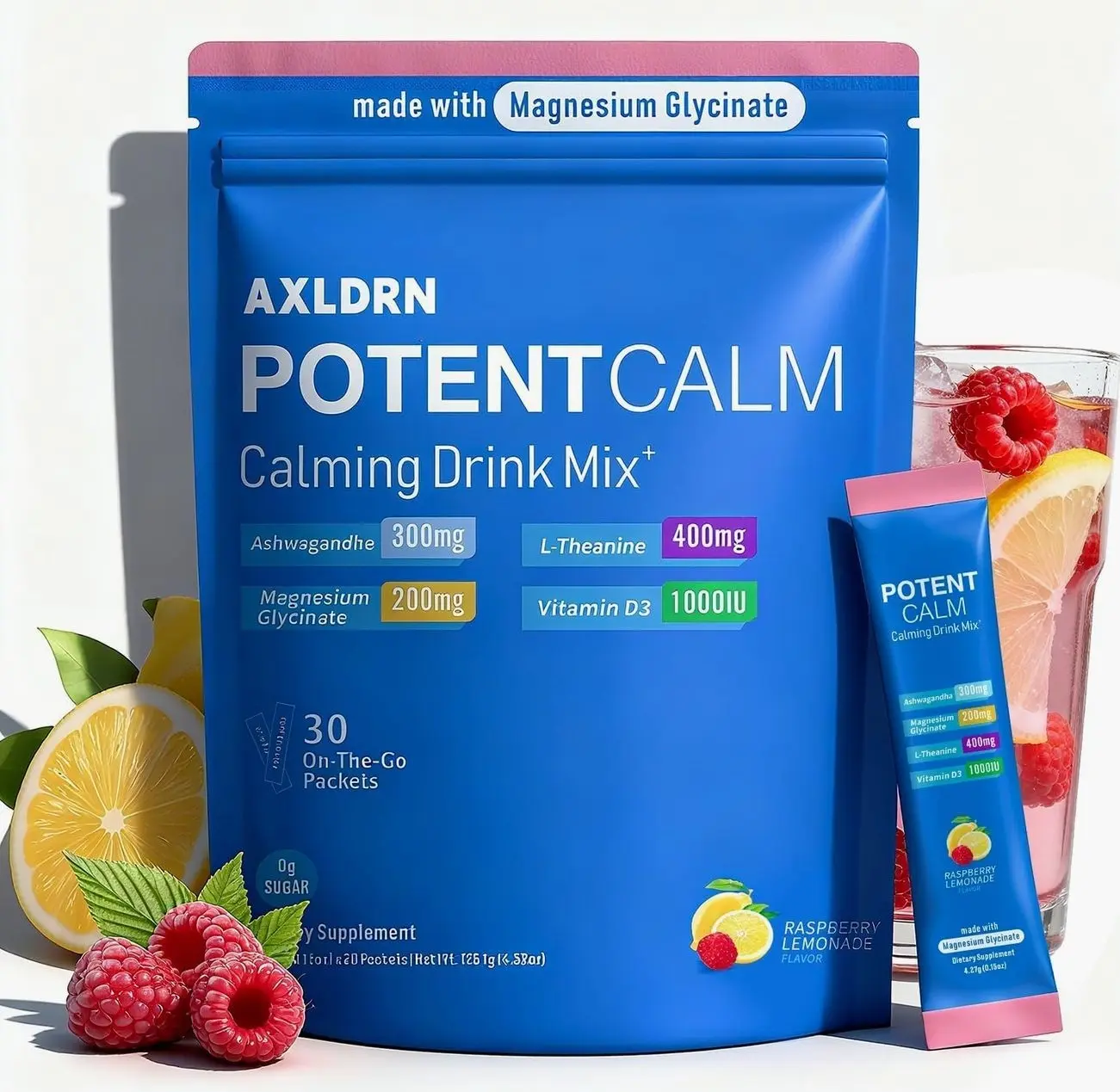 PotentCalm Super Cortisol Drink, Magnesium Glycinate Powder, L-theanine, Ashwagandha, Vitamin D, No Sugar, Raspberry Lemonade Electrolytes Powder - 30 Servings