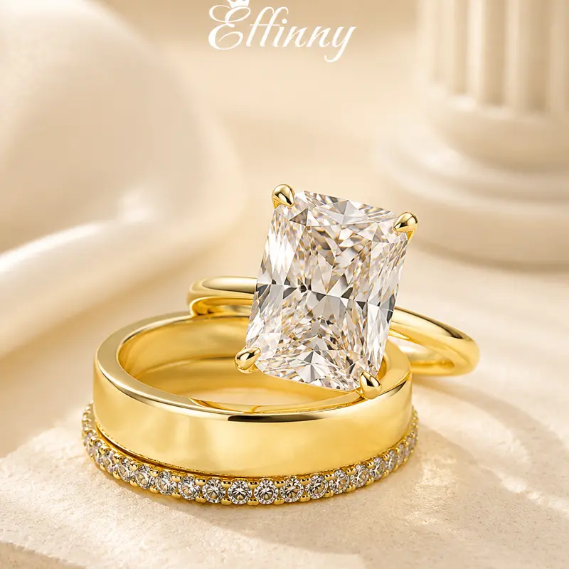 Effinny 14K Gold Plated 3-Piece Non-tarnish 4.0ct Radiant Cut Women’s Wedding Ring Set with Wide Band, Waterproof CZ Luxury Fashion Bridal & Anniversary Jewelry for Party, Travel-friendly