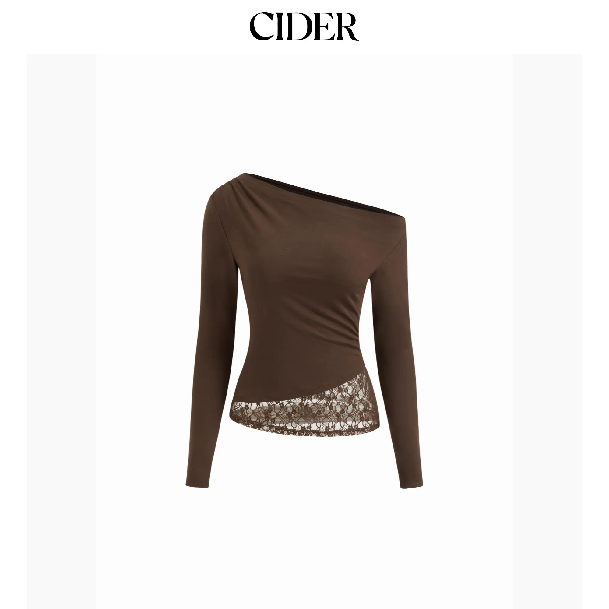 Cider Asymmetrical Neck Long Sleeve Contrasting Lace Ruched Tee