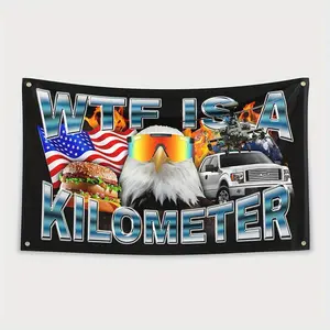 WTF Is A Kilometer Hilarious 4th of July Independence Day Funny USA Flag Tapestry Wall Decor Banner with 4 Brass Grommets Indoor Outdoor