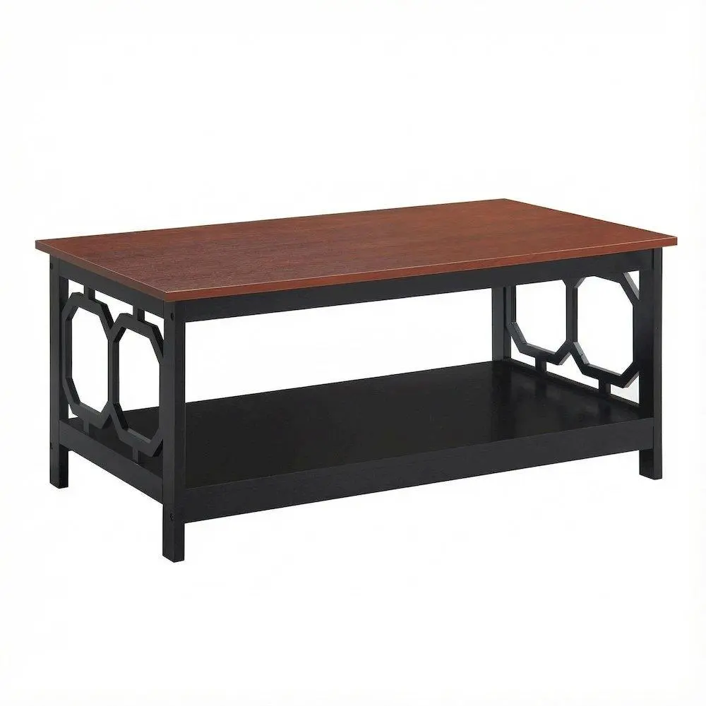 Cherry Contemporary Coffee Table with Lower Shelf, MDF Wood Construction, Sturdy Frame