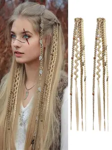 20 Inch Boho Dreadlock Clip-In Braids for Women, 2pcs Handmade Synthetic Hair Extensions, Braided Pieces with Beads & Charms