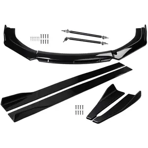 Universal 71.26'' Car Front Bumper Lip Spoiler Body Kits + 78.74"/ 2M Car Side Skirt Extension Rocker Panel Body Kit + 18.9" Auto Rear Lip + Adjustable 8-11" Splitter Rods （Black