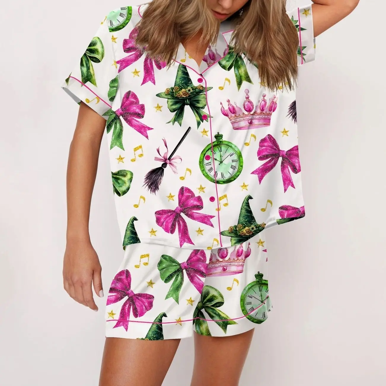 Coquette Wicked Satin Pajama Set For Women Print Comfy Satin Sleepwear & Loungewear Pjs Printing Silky Top & Bottoms