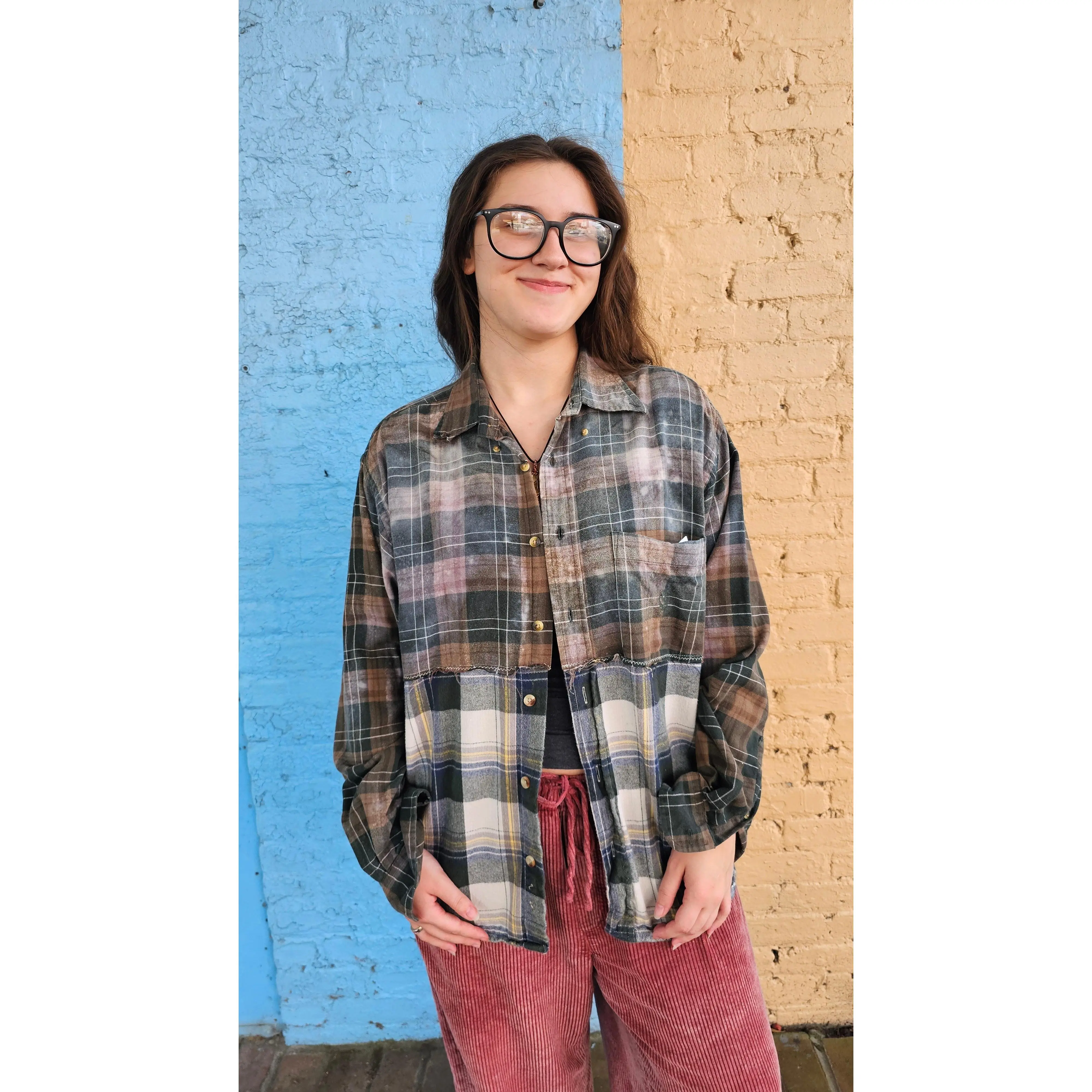 Forest Echo Split Flannel (XL) – One-of-a-Kind Upcycled Patchwork #1411
