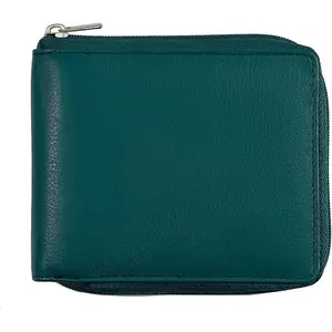 RFID Blocking Bifold Cowhide Leather Wallets For Men With Zipper  | Safe Metal Zip Chain 9 Card-ID Slim Minimalist Mens Wallet (Forest Green)