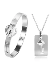 Couple Heart Lock Bracelet Necklace Set, Heart Key Design, Romantic Valentine's Day Gift, Unisex Fashion Jewelry, Exclusive Romance Ceremony