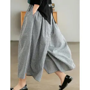 New styleElegant Woman Dress Plaid Pants Thin Cotton Linen Wide Leg Trousers 2025 Summer High Waist Baggy Jogger Pants Sweatpants