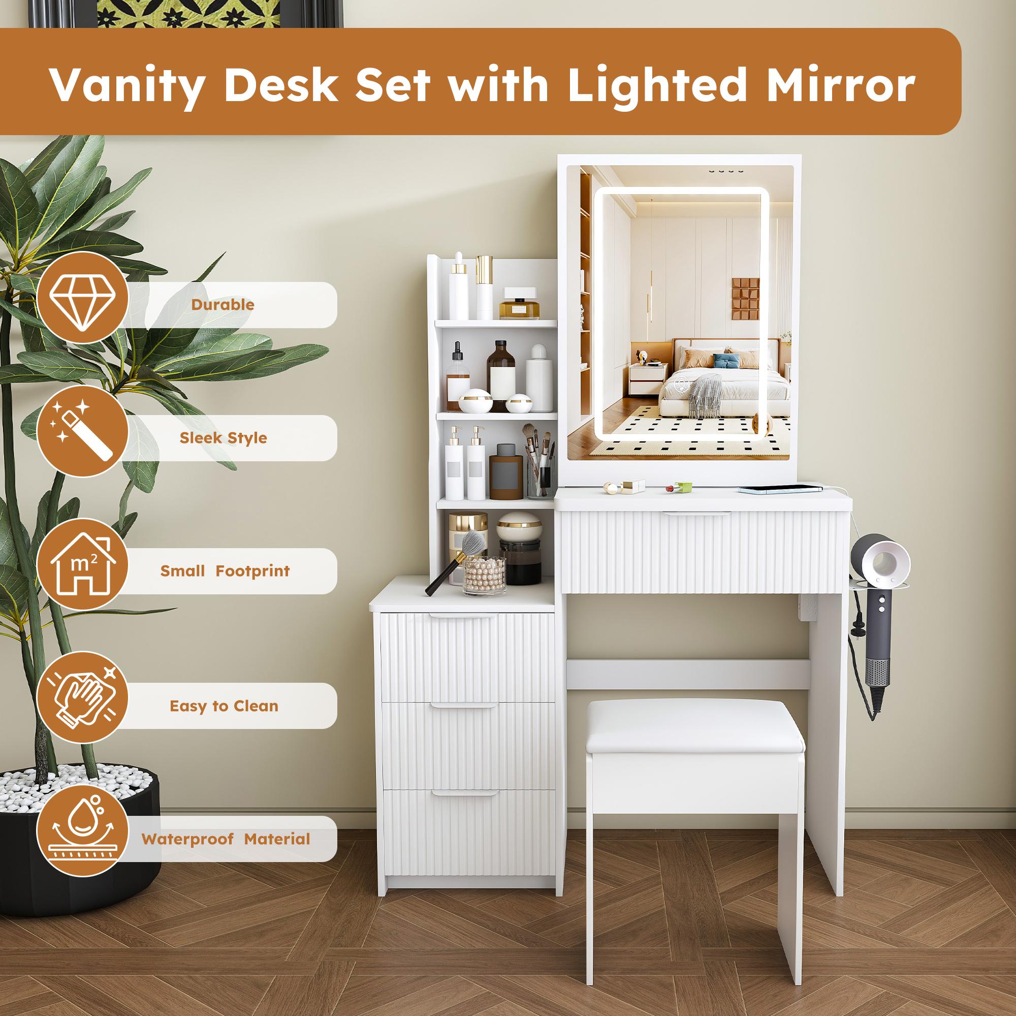Modern Vanity Desk with LED Lighting 3 Modes & Adjustable Brightness, Makeup Table with 4 Drawers & Storage Shelves, Built-in Power Outlet & Hair Dryer Holder, Easy Assembly