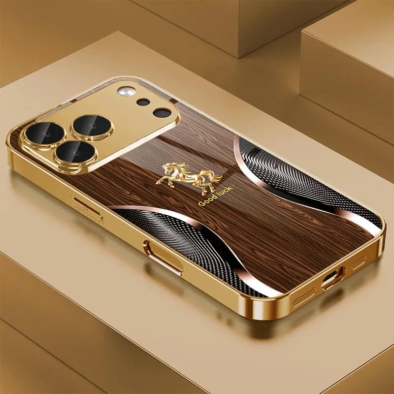 Phone Case - Wooden Background with Curved Golden Horse, Aesthetic High-End Personalized Pattern Plated Glass Phone Case for iPhone 17/16/15/14/13/12/11 and Samsung Galaxy S26/S25/S24/S23 A series, Fashionable Aesthetic 995
