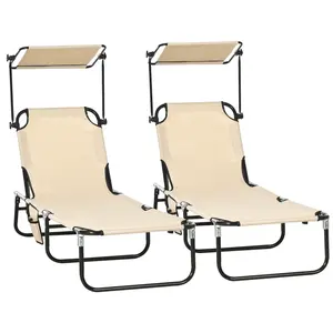 Set of 2 Folding Chaise Lounge Pool Chairs, Outdoor Sun Tanning Chairs with Canopy Shade, Reclining Back, Steel Frame and Side Pocket for Beach, Yard, Patio, summer  chairs
