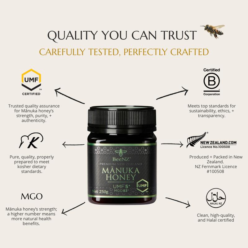 BeeNZ Raw Manuka UMF20+ (MGO 826+) Honey - Pure New Zealand Manuka Honey, No Sugar Added, Natural Sweetener & Superfood for Wellness, Immunity and Skin Care Support - Bold earthy mineral flavor. Healthy