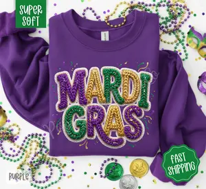 Faux Knit Mardi Gras Sweatshirt, Trendy Women's Crewneck