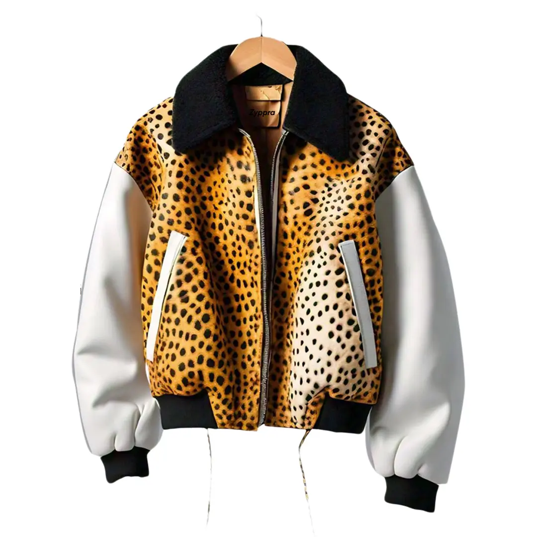 Cheetah Pattern Print White Sleeves Women’s Versity Jacket with Shearling Accents