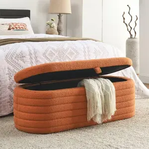 45.5 Inches Storage Ottoman Bench with 250lb Seating, Teddy Fabric Upholstered Entryway Bench with Safety Hinge, Flip Top Oval Foot Rest Long Stool for Couch Bedroom End of Bed Living Room, OrangeEntrance door rest and shoe changing bench