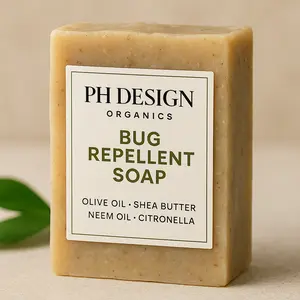PH DESIGN ORGANICS Bug Repellent Soap 5 oz Natural Mosquito & Tick Defense Deet Free Body Care with Olive Oil Shea Butter Neem Oil Citronella Essential Oils Nourishing Skin Repair