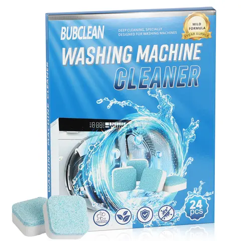 BUBCLEAN Washing Machine Cleaner Tablets - Powerful Descaler & Odor-Blocking Deodorizer, Deep Cleans Drum, Seal & Gasket, Works with HE Front-Load and Top-Load Washers, Eco-Friendly 24-Pack