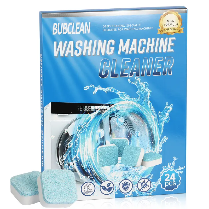 BUBCLEAN Washing Machine Cleaner Tablets - Powerful Descaler & Odor-Blocking Deodorizer, Deep Cleans Drum, Seal & Gasket, Works with HE Front-Load and Top-Load Washers, Eco-Friendly 24-Pack