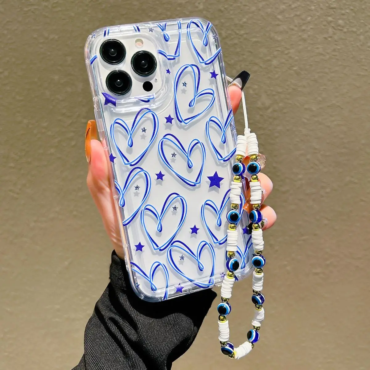 Heart Pattern Phone Case with Beaded Chain for Summer, Shockproof Phone Protector Cover, Phone Cases for iPhone 7 8 11 12 13 14 15 Series, Phone Acces