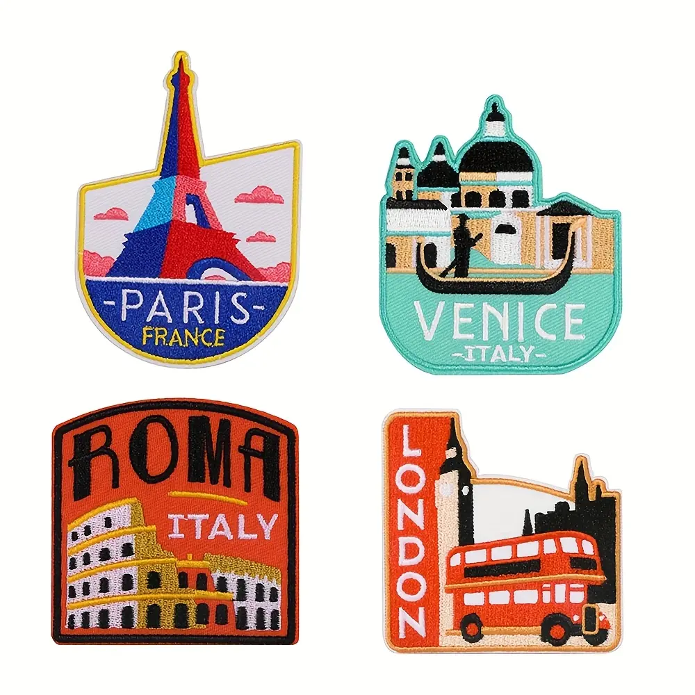 4Pcs Embroidered Iron-On Patches - Travel Souvenirs with Paris Eiffel Tower, Rome Colosseum, London Big Ben, Venice Gondola Designs - Durable DIY Fabric Applique for Travel Lovers' Jackets, Bags - Sewing Supplies Accessory