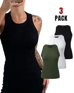 ChicMe 3-Piece Round Neck Knit Thick Strap Racerback Tank Tops Sleeveless Basic Cami Shirt Slim Knit Ribbed Racerback Blouses (Without Pads)