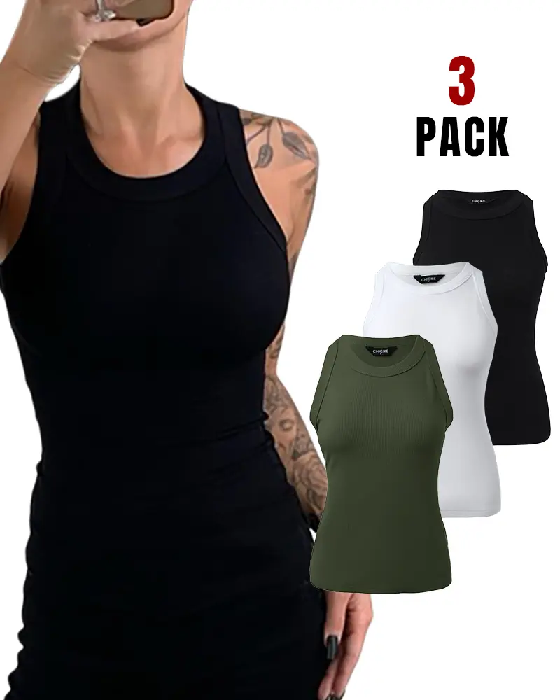 CHICME Women's 3-Piece Round Neck Knit Thick Strap Racerback Tank Tops Sleeveless Basic Cami Shirt Slim Knit Ribbed Racerback Blouses (Without Pads)