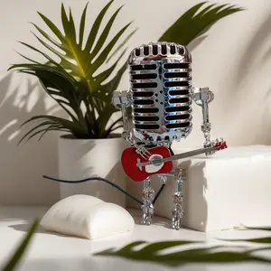Vintage Microphone and Guitar Robot Statue Ornament - Led Night Light Function for Desk, Office, Bedroom, Living Room or Display Case Decoration, Collectible Artwork or Unique Gift Idea