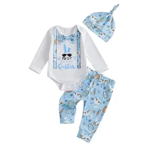 Canrulo My 1st Easter Newborn Baby Boy Clothes Letter Rabbit Print Crewneck Romper Carrot Bunny Pants Set 3Pcs Spring Outfit