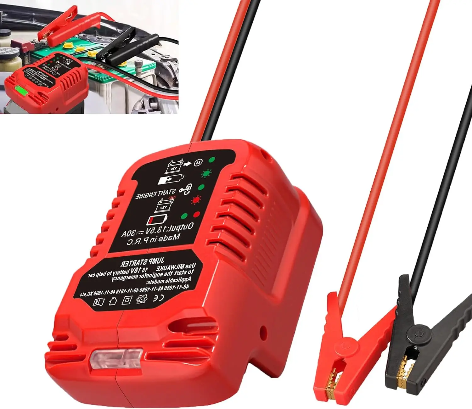 Milwaukee 18V Li-ion Battery Jump Starter Adapter, 18V Input, Compact Portable Size ABS Plastic Emergency Start Accessory with Jumper Cable Clamps (Battery Not Included)