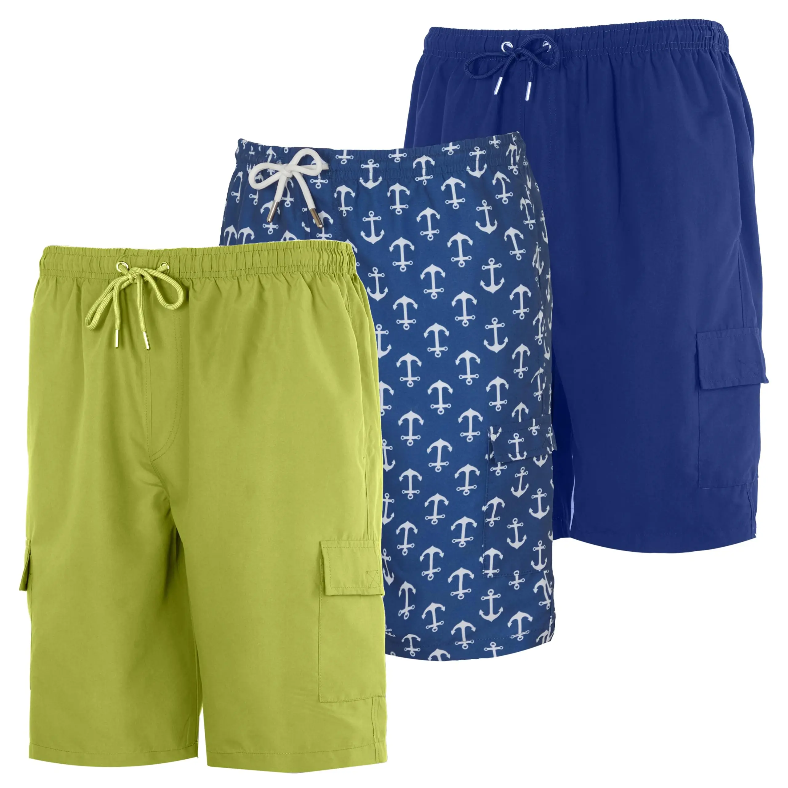 Real Essentials 3 Pack: Boy's Swim Trunks with Cargo Pockets & Mesh Lining - UPF 50+