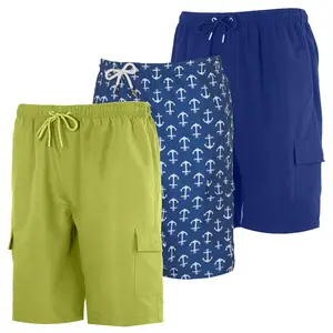Real Essentials 3 Pack: Boy's Swim Trunks with Cargo Pockets & Mesh Lining - UPF 50+