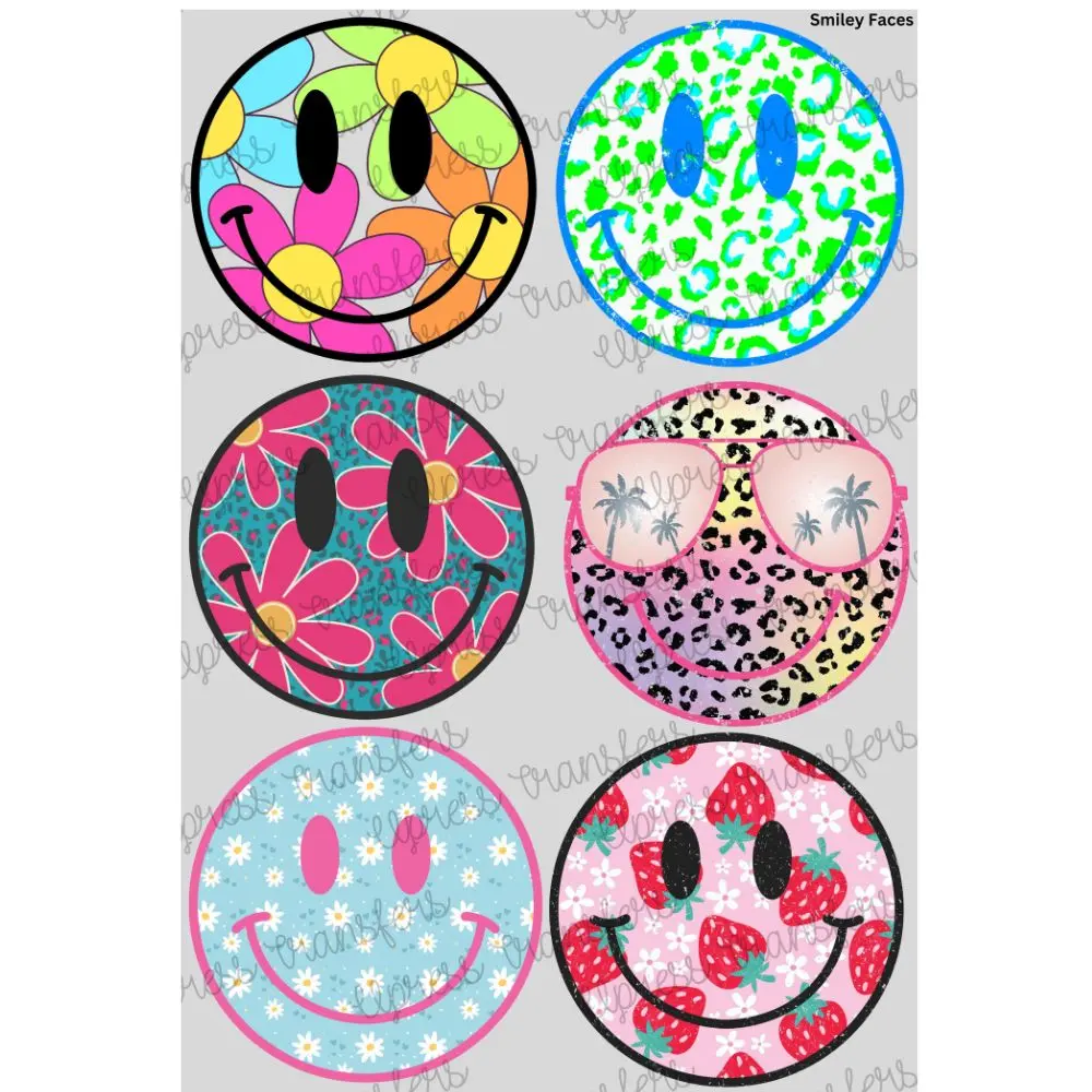 Smiley Faces Mini DTF Transfer Gang Sheet 24.5" wide x 36" long Direct To Film