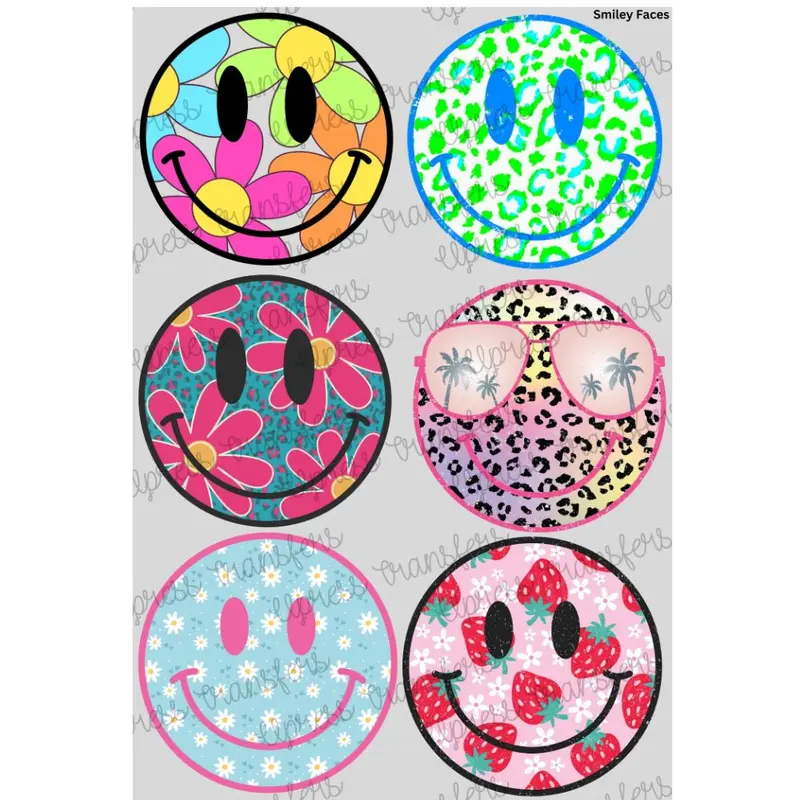 Smiley Faces Mini DTF Transfer Gang Sheet 24.5" wide x 36" long Direct To Film