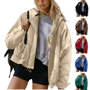 Tanming Women's Oversized Quilted Hooded Jacket with Pockets and Adjustable Hem Warm Casual Loose Fit Short Winter Coat Outerwear for Cold Weather