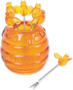 Bee Cocktail Picks Set with Holder, Reusable Appetizer Forks for Cheese, Fruit, Snacks, Party or Bar Use, Polyresin Holder and 6 Pack Stainless Steel Picks