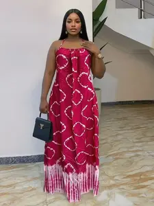 African Style Boubou Summer Halter Dress, Ethnic Print Elegant Waist Cinch Loose Backless Beach Party Dress, Plus Size with Scarf Womenswear