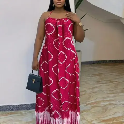 Plus Size Women's Sexy Elegant Summer Halter Ethnic Print Waist Cinch Loose Dress, Beach Party Dress, Elegance