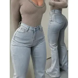 High-Waisted Flared Jeans, Light-Wash Denim, Street-Style Fashion, Stretch-Fit Butt-Lifting Long Pants with Pockets — Perfect for Fall and Winter