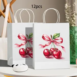12pcs Cherry Bow Gift Bags, Fruit Party Favor Handbags, High-End Wedding Welcome Bag, Mother's Day Gift, Multi-Color Paper Bags