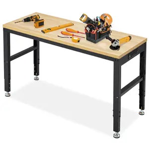 Adjustable Height Wood Workbench, 60" L X 24" W 2000 Lbs Capacity Heavy Duty Work Bench, Smooth Surface Table with Power Outlets for Garage, Workshop, Office, Home
