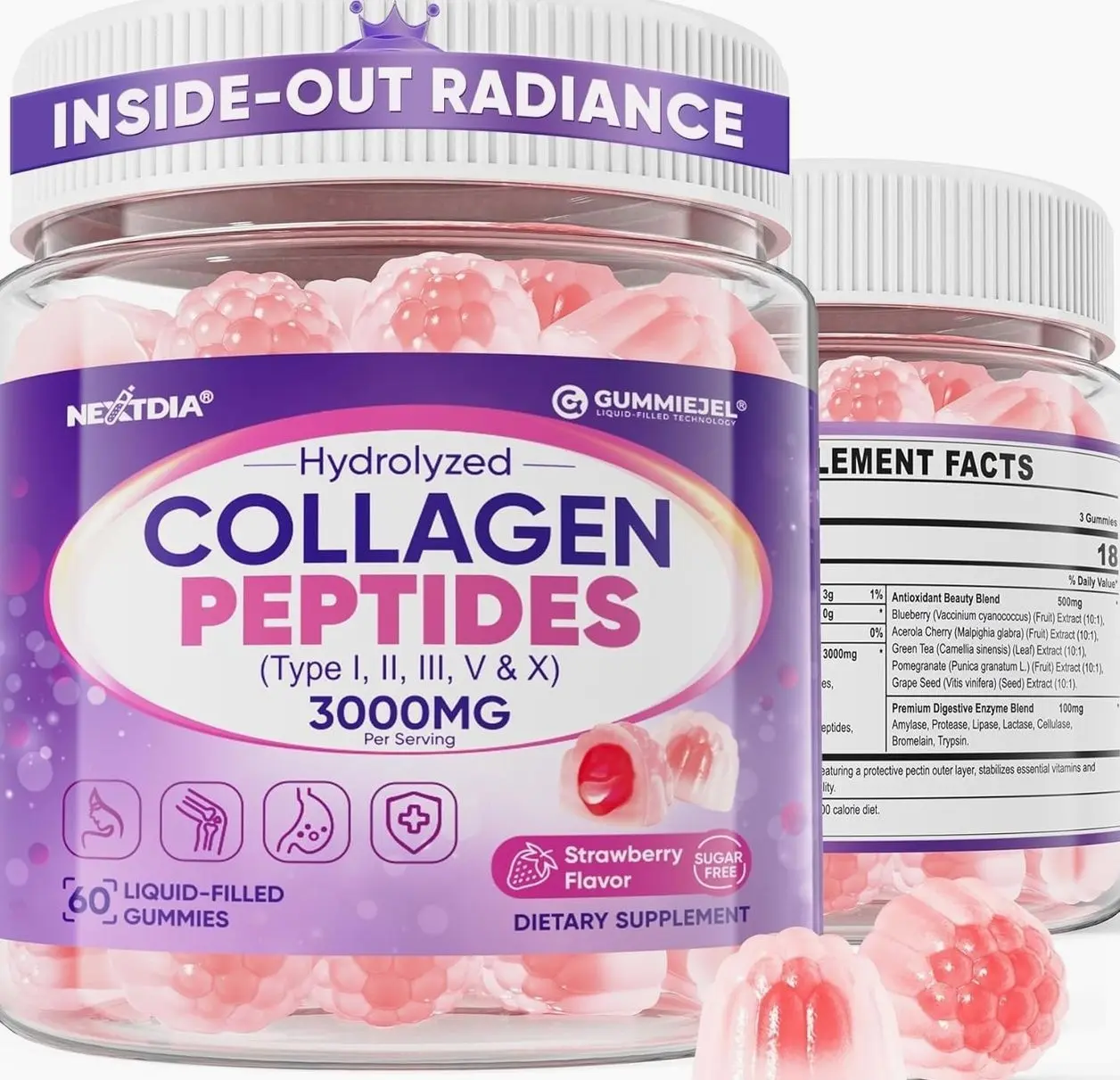 Collagen Gummies for Women & Men 3000mg, Hydrolyzed Collagen Peptides with Antioxidant Blend & Digestive Enzymes, Multi Collagen (Type I,II,III,V,X) for Anti-Aging, Hair, Skin, Nails, Sugar Free,60Cts