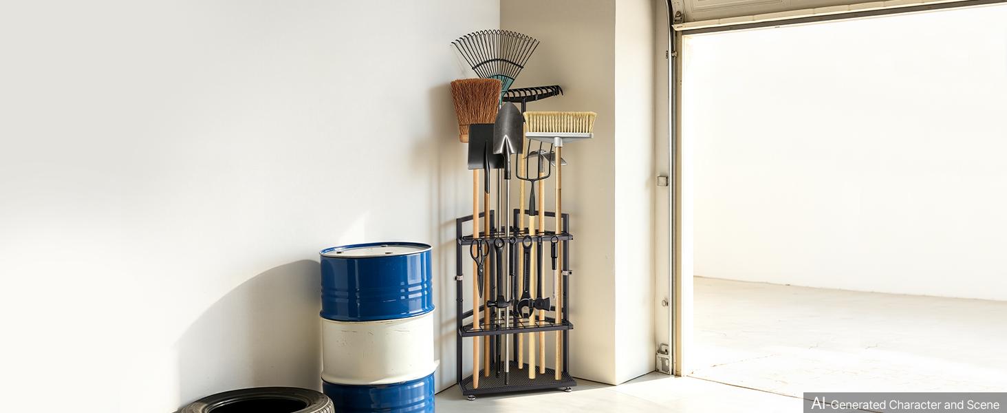 VEVOR Garden Tool Organizer for Corner, 17 Slots, Metal Garage Storage Rack, for Rakes/Shovels/Brooms, Yard Utility Tool Holder for Shed/Outdoor/Lawn Organization, Heavy-Duty Steel, with Hooks, Black