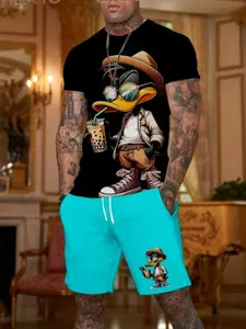 Men's Duck Pattern Printed Casual Short Sleeve & Shorts Set, Comfortable Daily Wear, Fashion Design, Perfect for Everyday Life