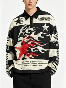Y2K Flame Star Print Long Sleeve Polo Shirt, Retro Streetwear, Loose Fit, Unisex, Casual Daily Wear, Hip Hop, Skateboarding, Urban Fashion