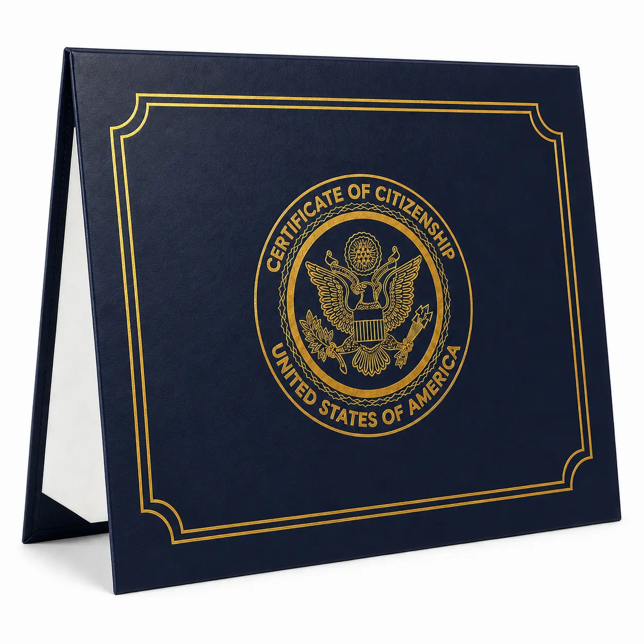 US Citizenship Certificate Holder, Navy PU Leather Naturalization Certificate Cover with Gold Foil Design and Padded Protection